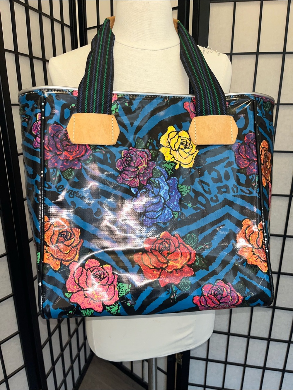 Consuela Multicolor Floral and Blue Leopard Tote with Tan Trim